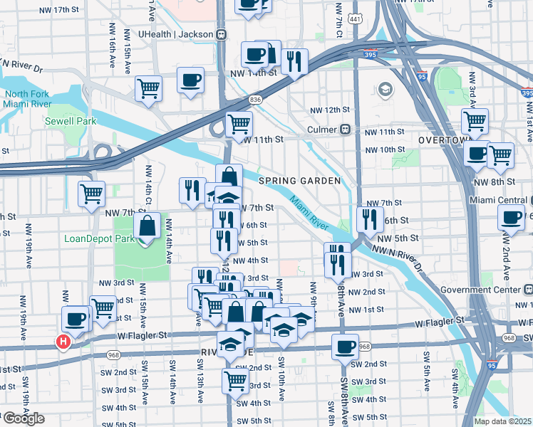 map of restaurants, bars, coffee shops, grocery stores, and more near 1000 Northwest 7th Street in Miami