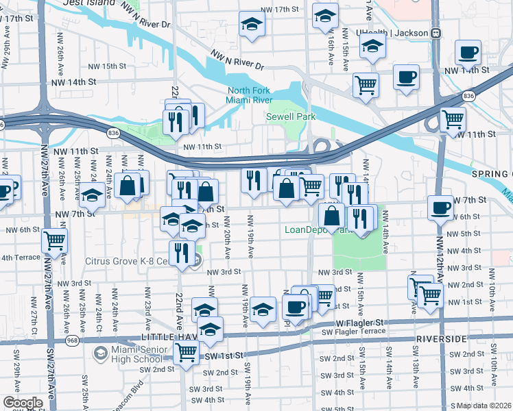 map of restaurants, bars, coffee shops, grocery stores, and more near 736 Northwest 18th Place in Miami