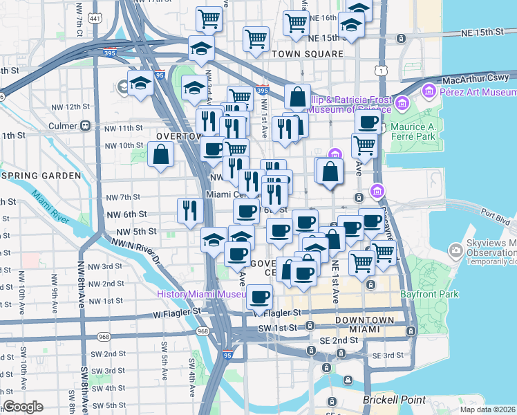 map of restaurants, bars, coffee shops, grocery stores, and more near in Miami