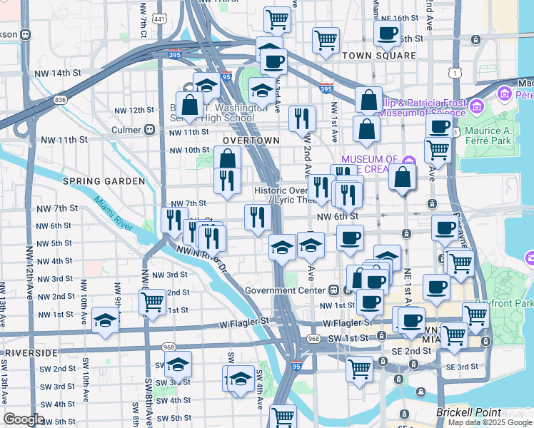 map of restaurants, bars, coffee shops, grocery stores, and more near 342 Northwest 7th Street in Miami