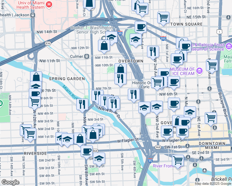 map of restaurants, bars, coffee shops, grocery stores, and more near 540 Northwest 7th Street in Miami