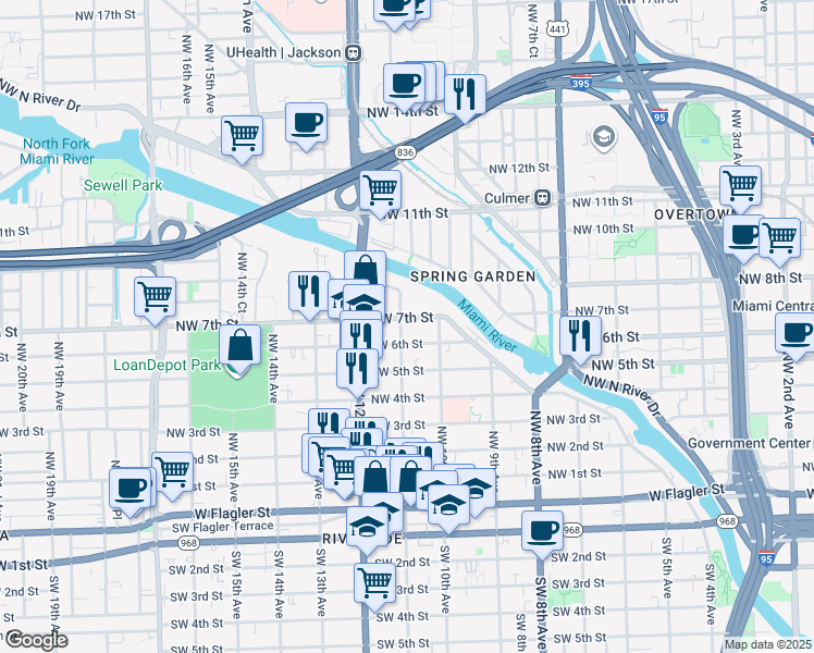 map of restaurants, bars, coffee shops, grocery stores, and more near 1001 Northwest 7th Street in Miami