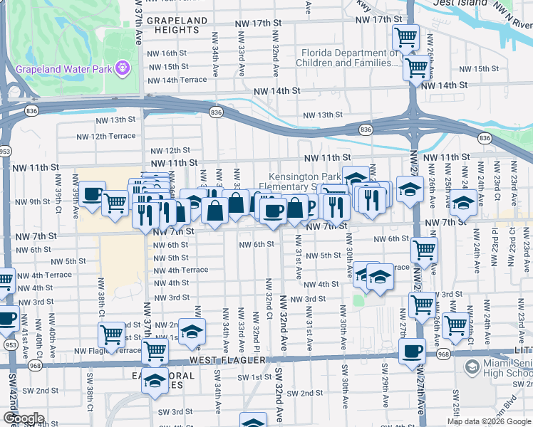 map of restaurants, bars, coffee shops, grocery stores, and more near 810 Northwest 32nd Court in Miami