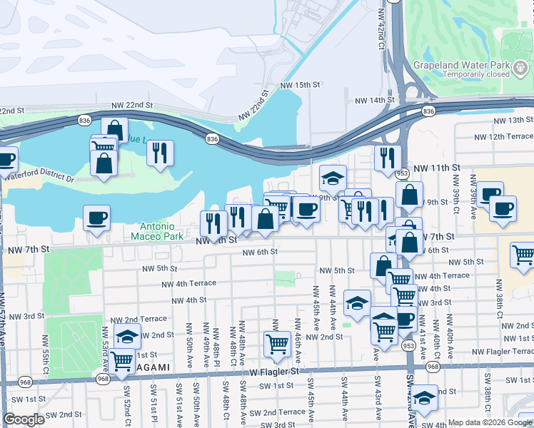 map of restaurants, bars, coffee shops, grocery stores, and more near 4709 Northwest 7th Street in Miami