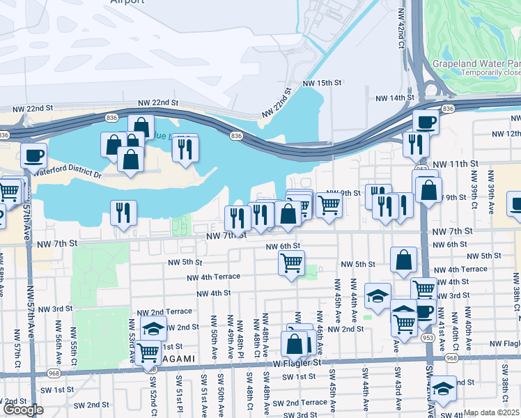 map of restaurants, bars, coffee shops, grocery stores, and more near 4805 Northwest 7th Street in Miami
