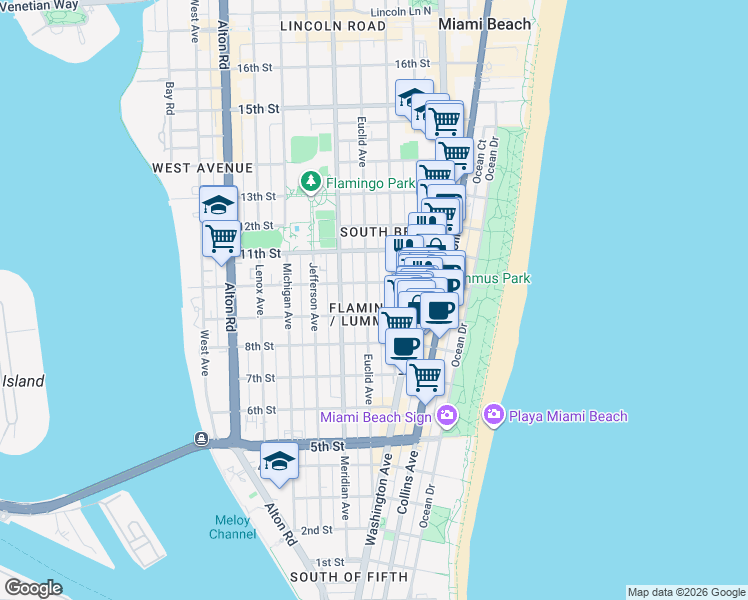 map of restaurants, bars, coffee shops, grocery stores, and more near 927 Euclid Avenue in Miami Beach