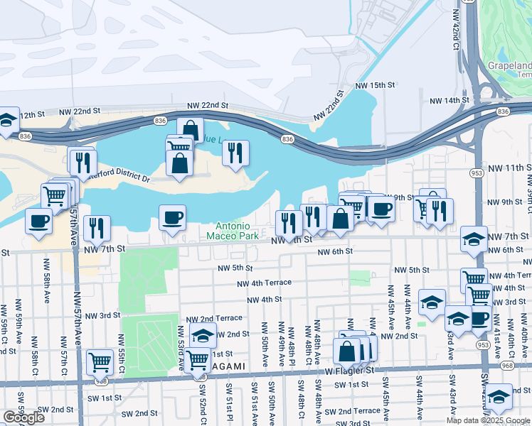 map of restaurants, bars, coffee shops, grocery stores, and more near 5099 Northwest 7th Street in Miami
