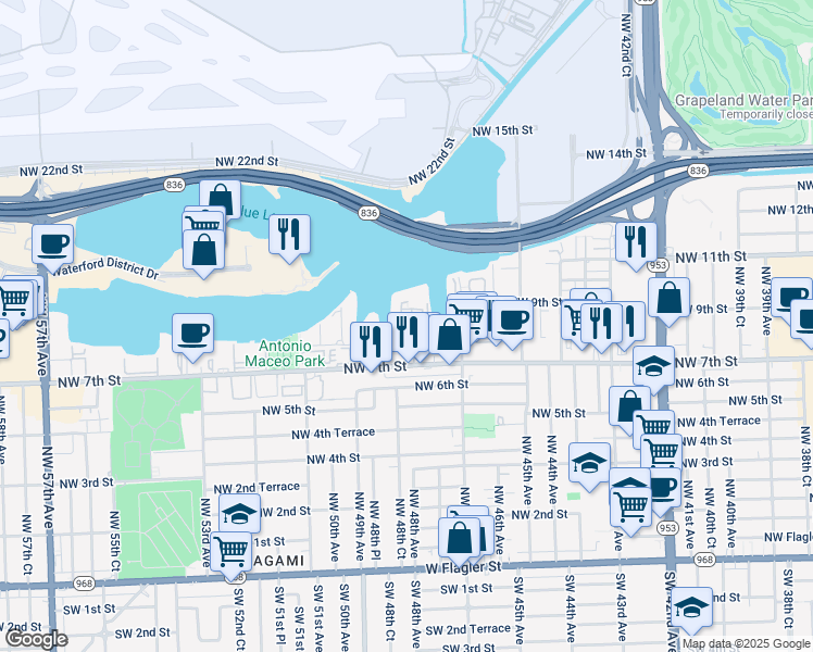 map of restaurants, bars, coffee shops, grocery stores, and more near 4805 Northwest 7th Street in Miami
