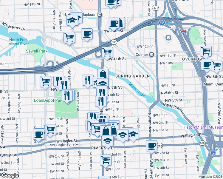 map of restaurants, bars, coffee shops, grocery stores, and more near 1151 Northwest 7th Street in Miami