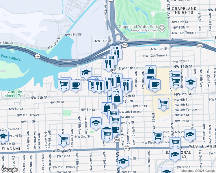 map of restaurants, bars, coffee shops, grocery stores, and more near 850 Northwest 42nd Avenue in Miami