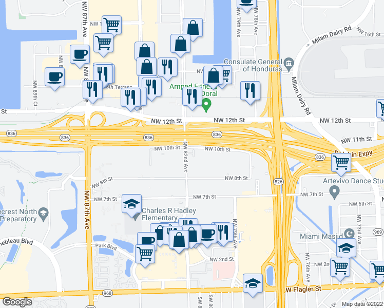 map of restaurants, bars, coffee shops, grocery stores, and more near 925 Northwest 82nd Avenue in Miami