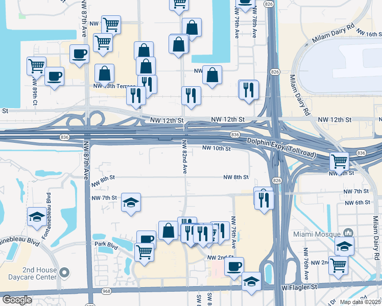map of restaurants, bars, coffee shops, grocery stores, and more near 925 Northwest 82nd Avenue in Miami