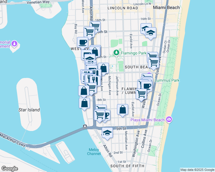 map of restaurants, bars, coffee shops, grocery stores, and more near 1006 10th Street in Miami Beach