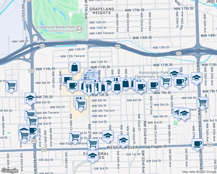 map of restaurants, bars, coffee shops, grocery stores, and more near 841 Pasco Jose De La Luz Y Caballero Court in Miami