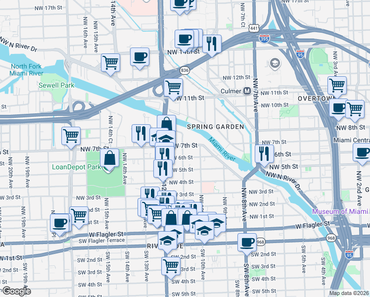 map of restaurants, bars, coffee shops, grocery stores, and more near 1001 Northwest 7th Street in Miami