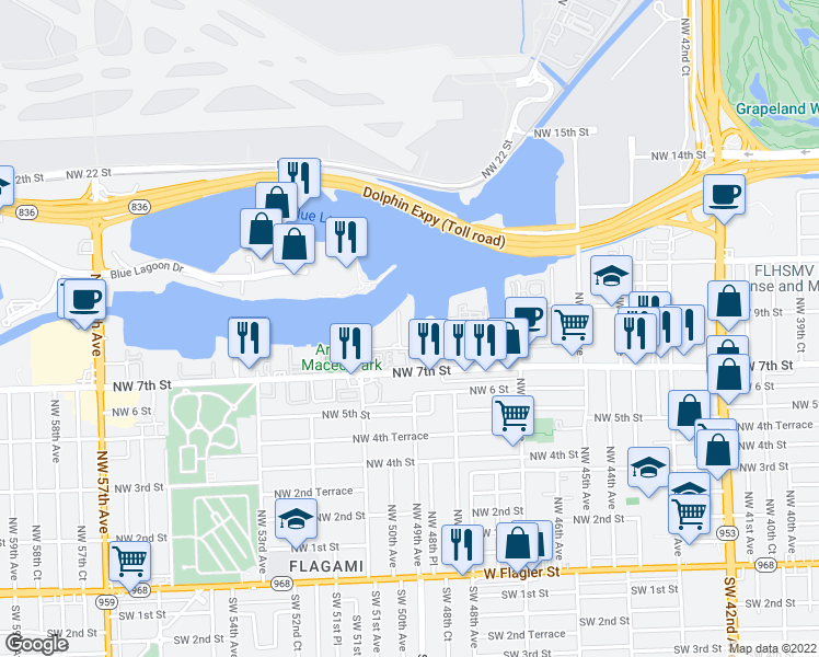 map of restaurants, bars, coffee shops, grocery stores, and more near 4865 Northwest 7th Street in Miami
