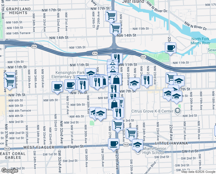 map of restaurants, bars, coffee shops, grocery stores, and more near 792 Northwest 28th Avenue in Miami