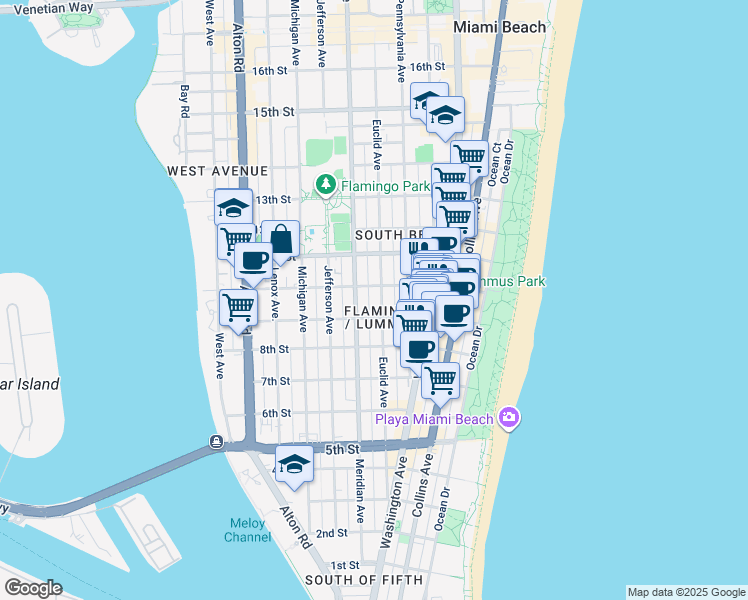 map of restaurants, bars, coffee shops, grocery stores, and more near 732 10th Street in Miami Beach