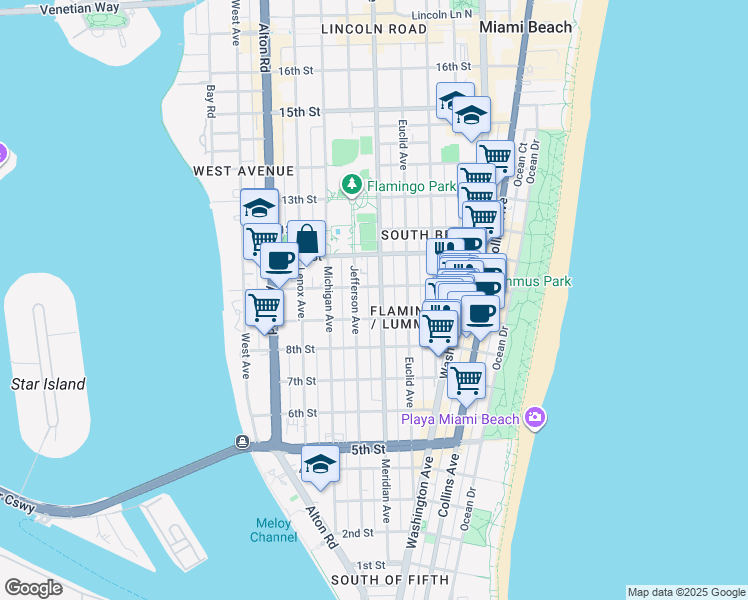 map of restaurants, bars, coffee shops, grocery stores, and more near 732 10th Street in Miami Beach