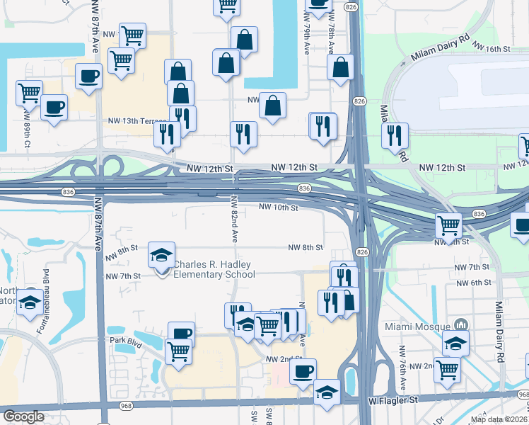 map of restaurants, bars, coffee shops, grocery stores, and more near 8080 Northwest 10th Street in Miami