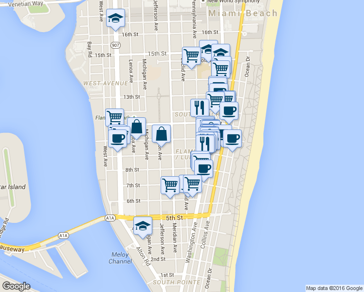 map of restaurants, bars, coffee shops, grocery stores, and more near 732 10th Street in Miami Beach