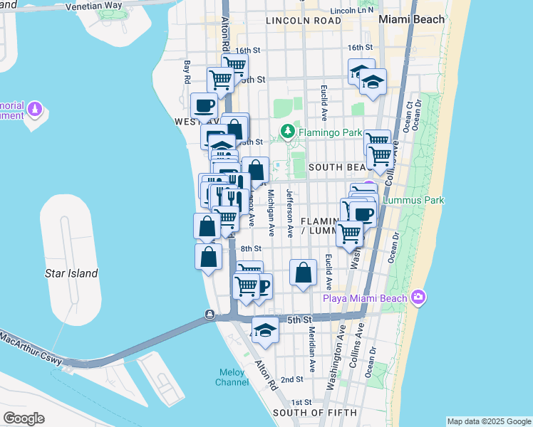 map of restaurants, bars, coffee shops, grocery stores, and more near 1006 10th Street in Miami Beach