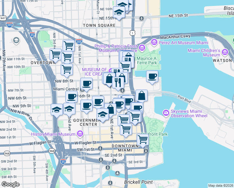 map of restaurants, bars, coffee shops, grocery stores, and more near 601 Northeast 1st Avenue in Miami