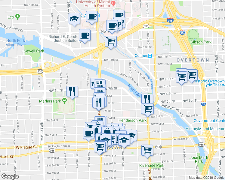 map of restaurants, bars, coffee shops, grocery stores, and more near 1001 Northwest 7th Street in Miami