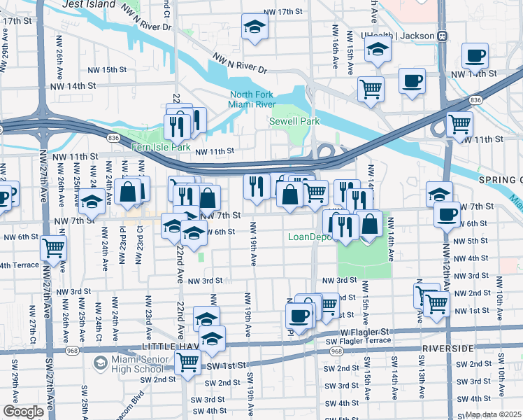 map of restaurants, bars, coffee shops, grocery stores, and more near 736 Northwest 18th Place in Miami