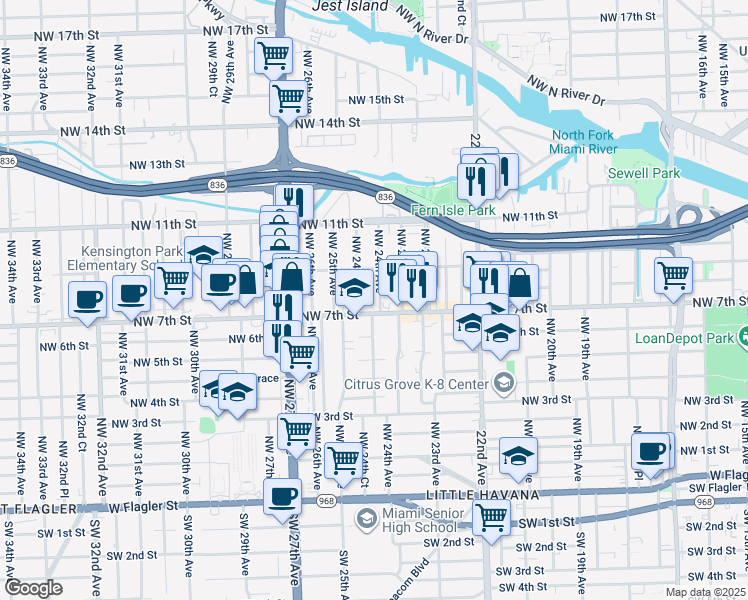 map of restaurants, bars, coffee shops, grocery stores, and more near 745 Northwest 24th Avenue in Miami