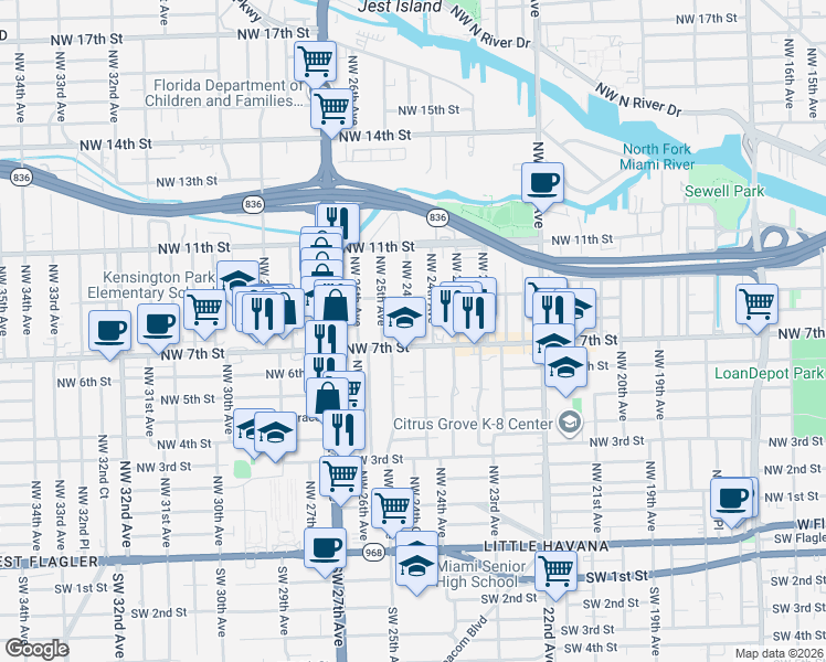 map of restaurants, bars, coffee shops, grocery stores, and more near 752 Northwest 24th Court in Miami