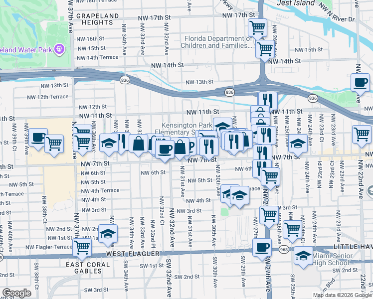map of restaurants, bars, coffee shops, grocery stores, and more near 801 Northwest 30th Place in Miami