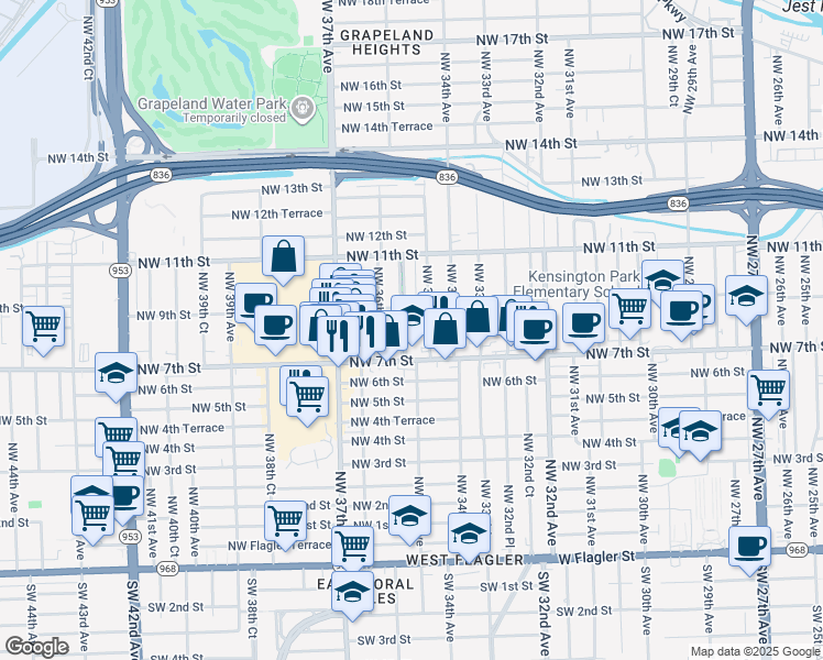 map of restaurants, bars, coffee shops, grocery stores, and more near 841 Pasco Jose De La Luz Y Caballero Court in Miami