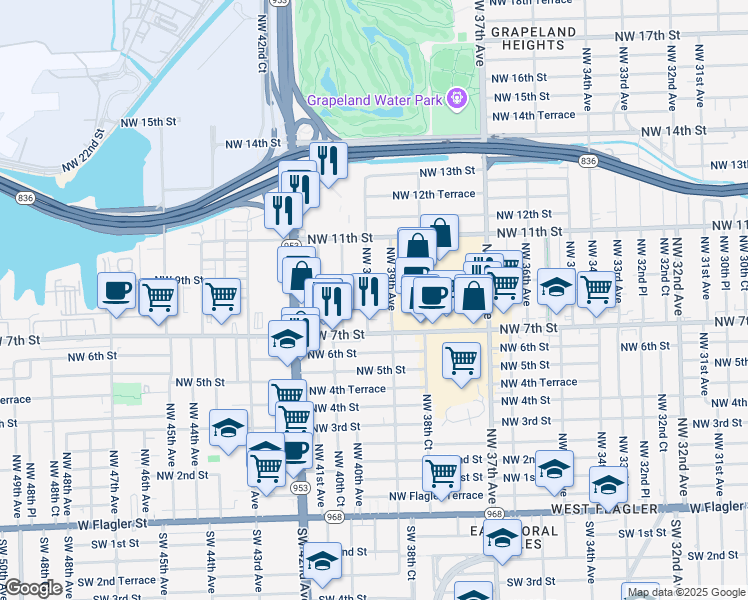 map of restaurants, bars, coffee shops, grocery stores, and more near 3930 Northwest 9th Street in Miami