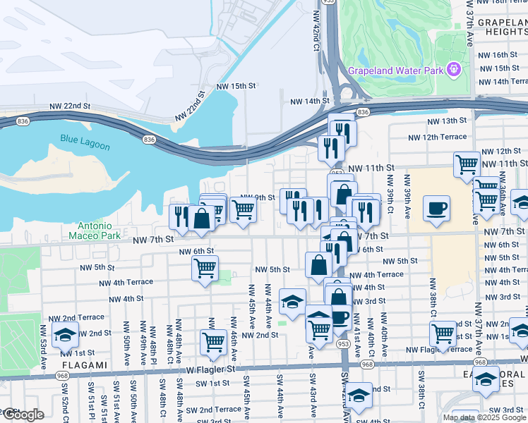 map of restaurants, bars, coffee shops, grocery stores, and more near 850 Northwest 44th Avenue in Miami