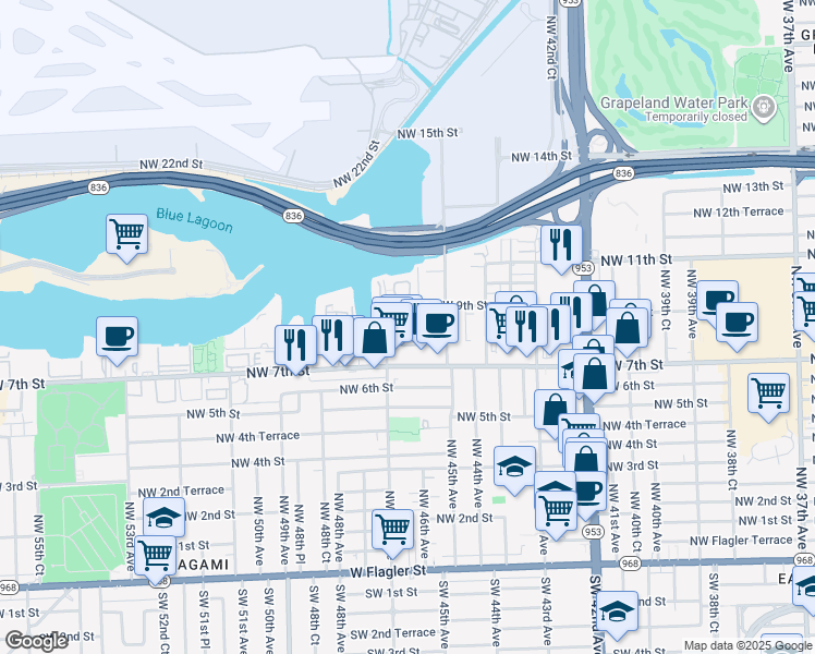map of restaurants, bars, coffee shops, grocery stores, and more near 4550 Northwest 9th Street in Miami