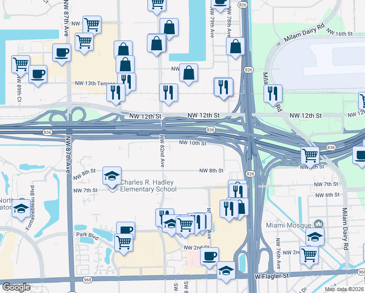 map of restaurants, bars, coffee shops, grocery stores, and more near 8080 Northwest 10th Street in Miami