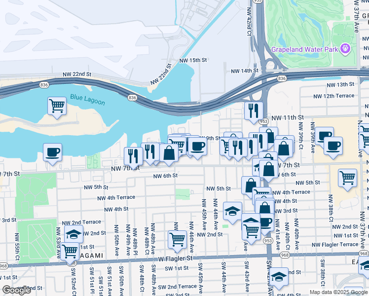 map of restaurants, bars, coffee shops, grocery stores, and more near 4550 Northwest 9th Street in Miami
