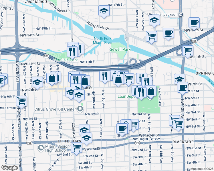 map of restaurants, bars, coffee shops, grocery stores, and more near 736 Northwest 18th Place in Miami