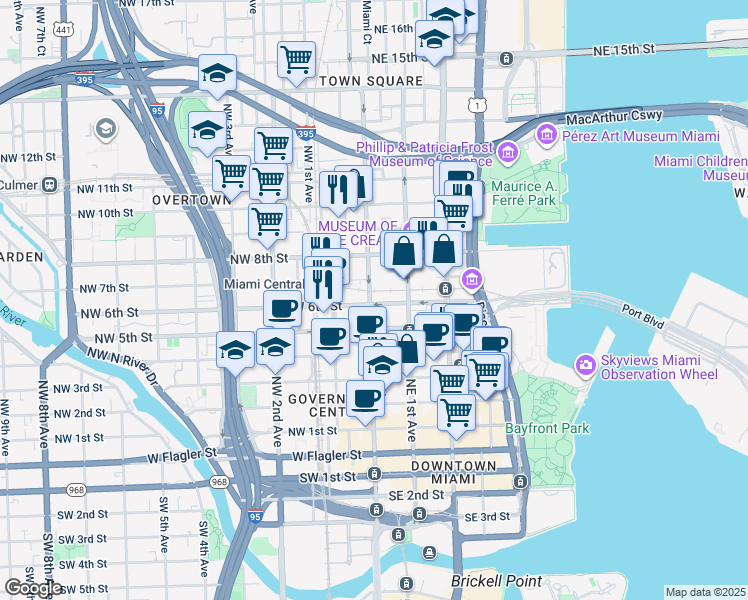 map of restaurants, bars, coffee shops, grocery stores, and more near 435 Northeast 1st Street in Miami