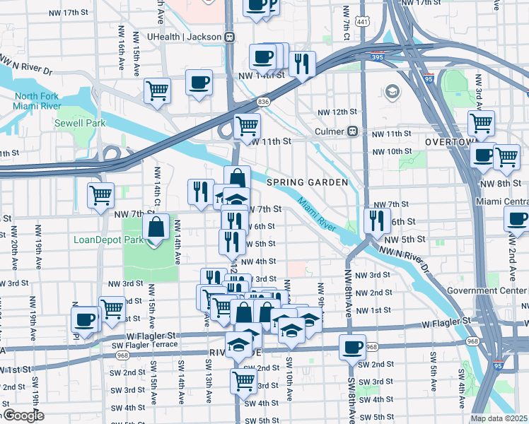 map of restaurants, bars, coffee shops, grocery stores, and more near 1001 Northwest 7th Street in Miami