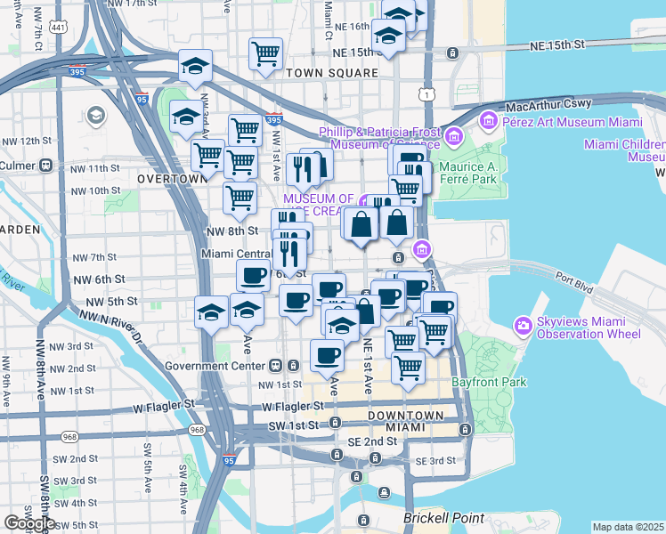 map of restaurants, bars, coffee shops, grocery stores, and more near 435 Northeast 1st Street in Miami
