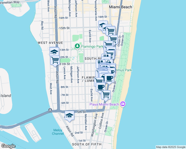 map of restaurants, bars, coffee shops, grocery stores, and more near 950 Pennsylvania Avenue in Miami Beach