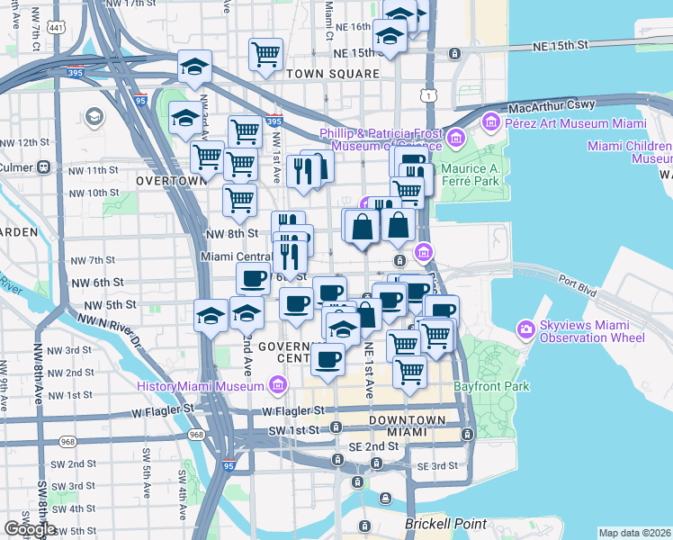 map of restaurants, bars, coffee shops, grocery stores, and more near 435 Northeast 1st Street in Miami