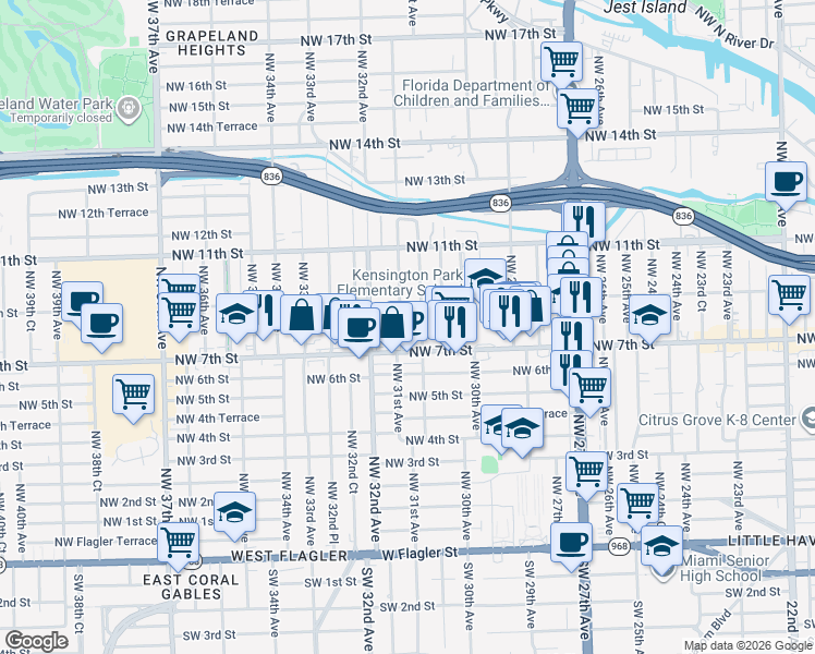 map of restaurants, bars, coffee shops, grocery stores, and more near 801 Northwest 30th Place in Miami