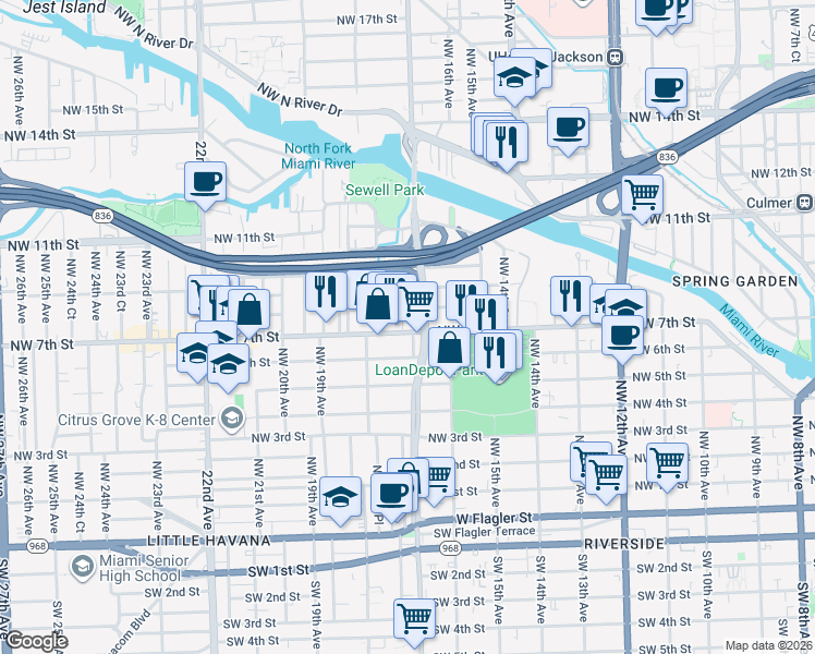 map of restaurants, bars, coffee shops, grocery stores, and more near in Miami