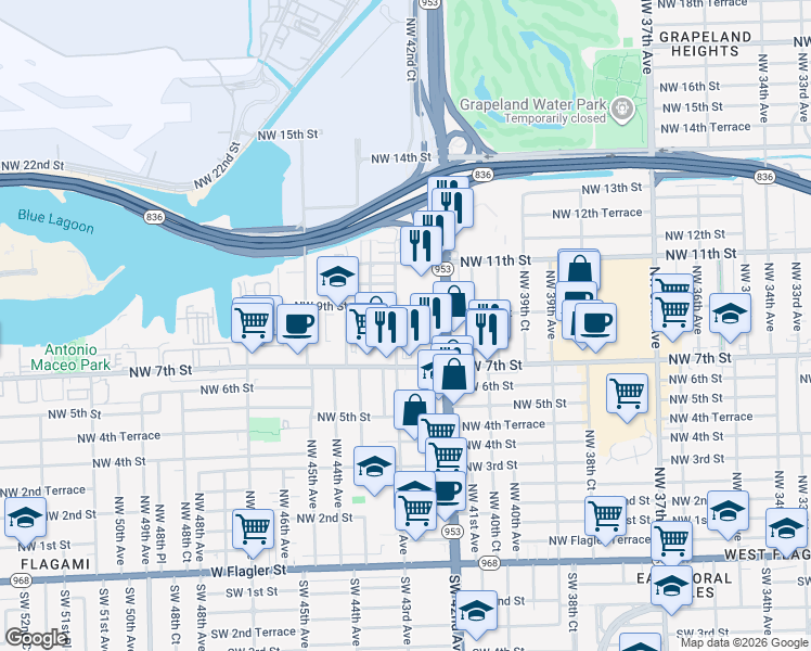 map of restaurants, bars, coffee shops, grocery stores, and more near 850 Northwest 42nd Avenue in Miami
