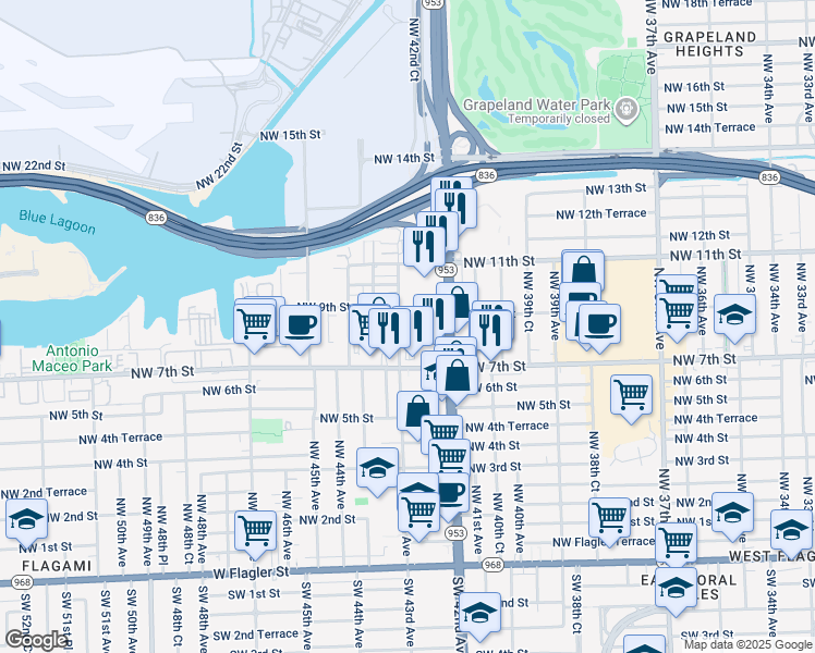 map of restaurants, bars, coffee shops, grocery stores, and more near 811 Northwest 43rd Avenue in Miami