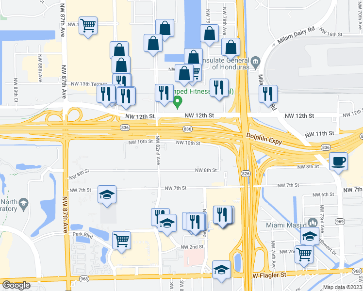 map of restaurants, bars, coffee shops, grocery stores, and more near 8080 Northwest 10th Street in Miami