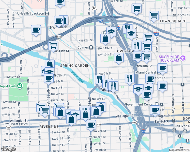 map of restaurants, bars, coffee shops, grocery stores, and more near 690 Northwest 7th Street in Miami